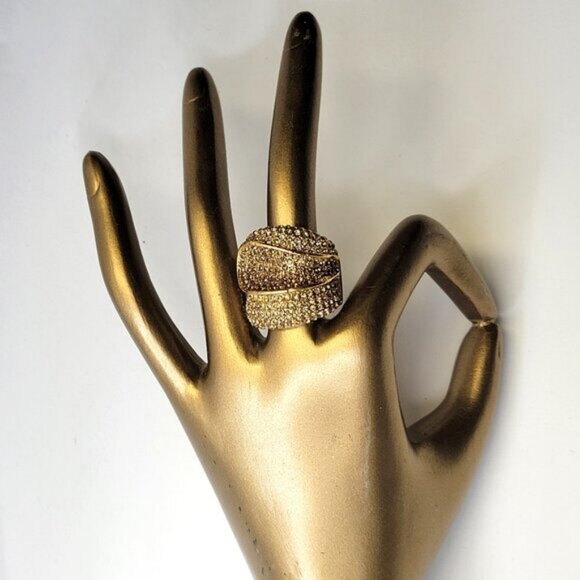 Two Tone Gold and Amber Color Wide Ring Concave Design with Rhinestones Size 6.5 - Picture 3 of 14